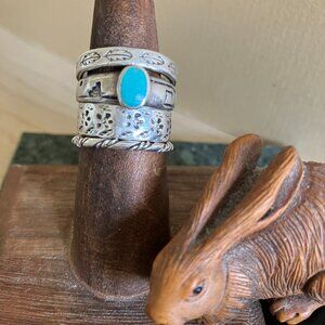 Vintage Navajo Stamped Sterling Turquoise Stacking Rings - Set of Four